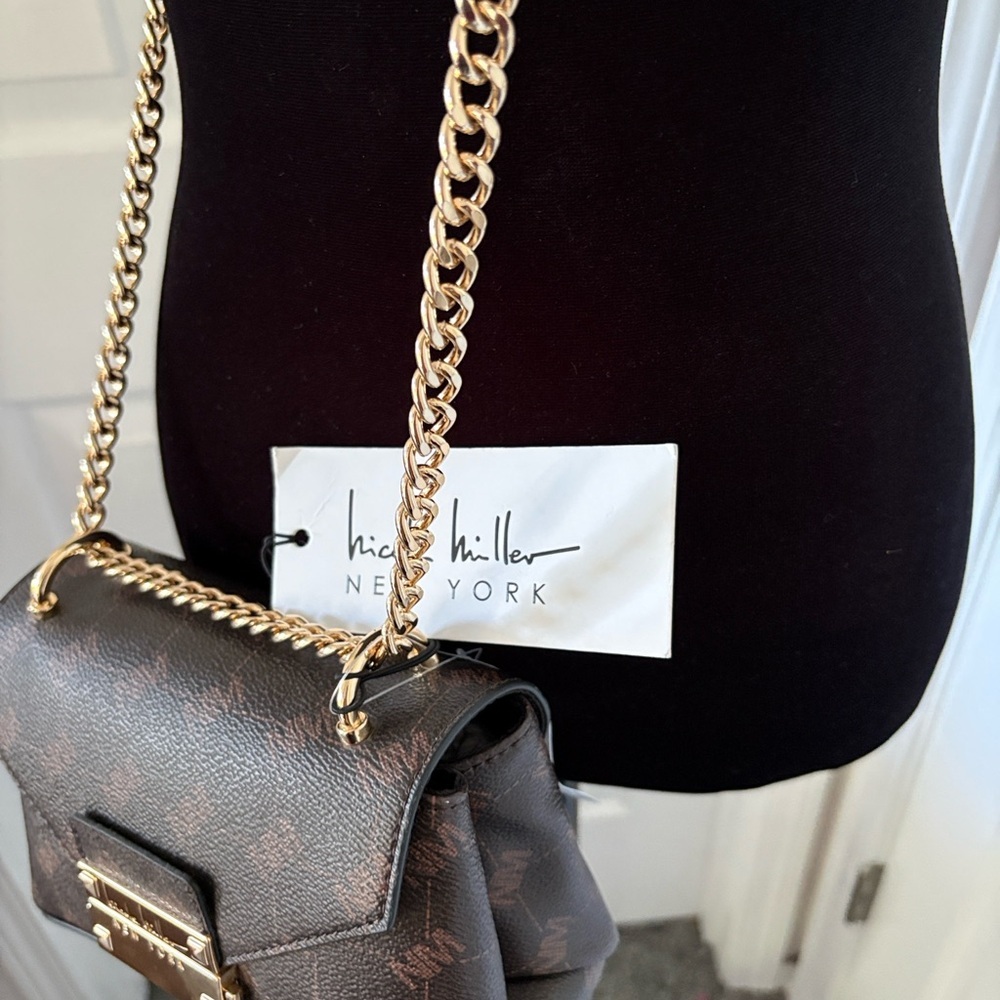 Nicole Miller Brown Logo Print Chain Shoulder Bag - Picture 14 of 14